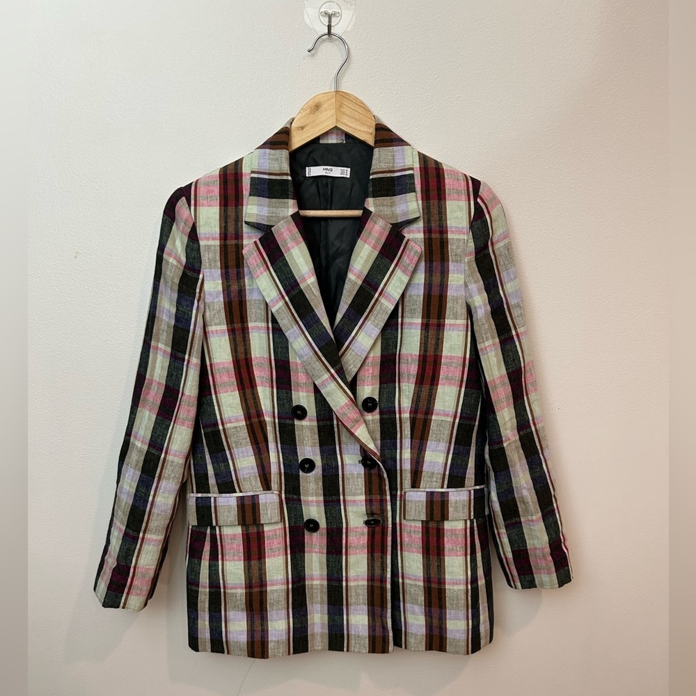MANGO plaid double breasted linen/cotton blend blazer size S - Picture 5 of 8